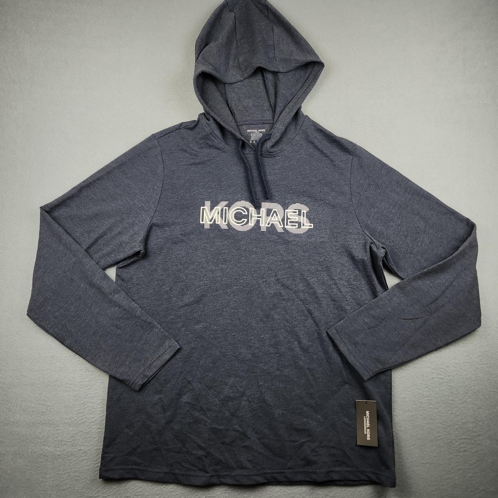 Michael Kors Hoodie Mens L Blue Graphic Logo Jersey Pullover Lightweight NWT